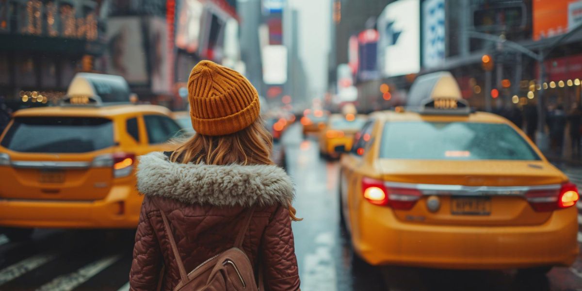 A woman in a brown jacket and orange beanie looks out at a busy city street filled with iconic yellow taxi cabs.