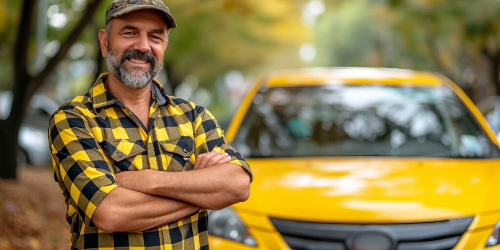 Close-up of a middle-aged male taxi driver with a grey beard sitting in his car, looking at the camera