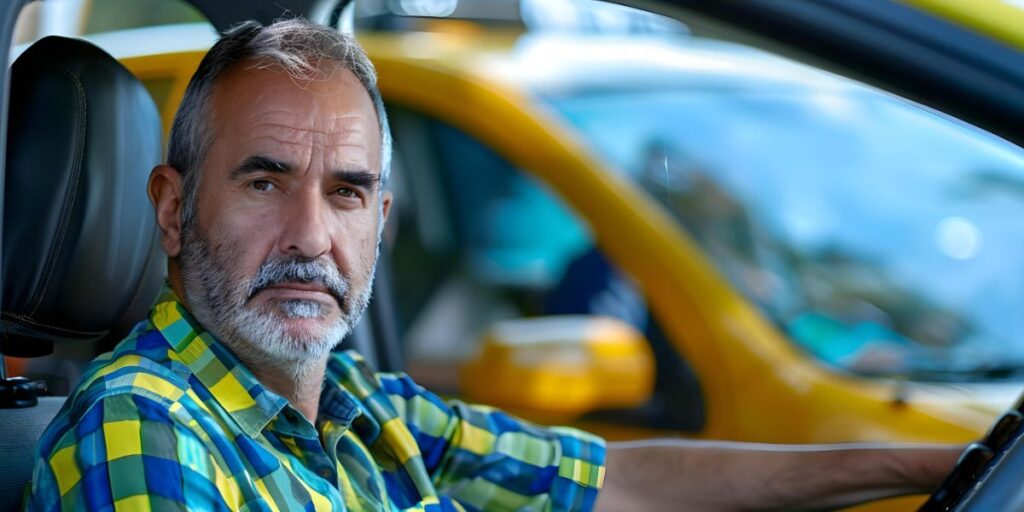A smiling male driver in a plaid shirt stands with arms crossed in front of a blurred yellow taxi outdoors.