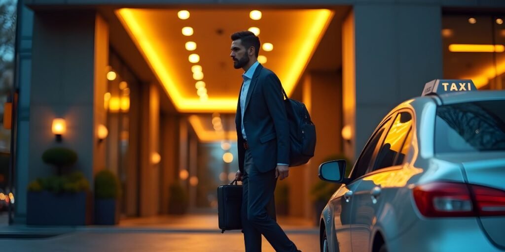 A businessman with a suitcase walks toward a parked taxi with an illuminated "TAXI" sign at a modern hotel.